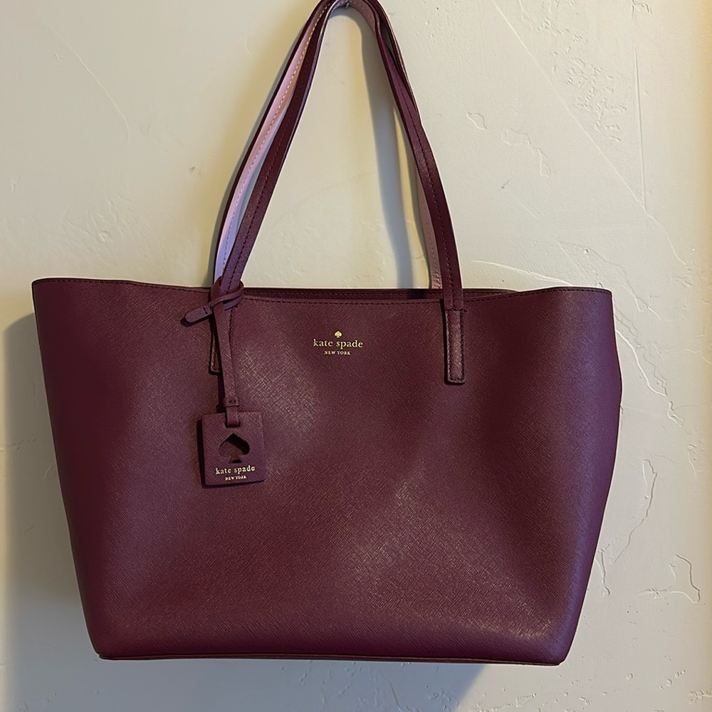 kate spade plum leather tote with gold logo